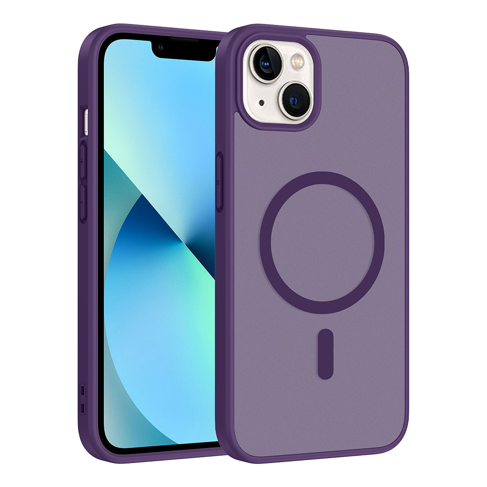 Beyaz arka plan üzerinde kamera ve manyetik halkalı mor iPhone kılıfı.