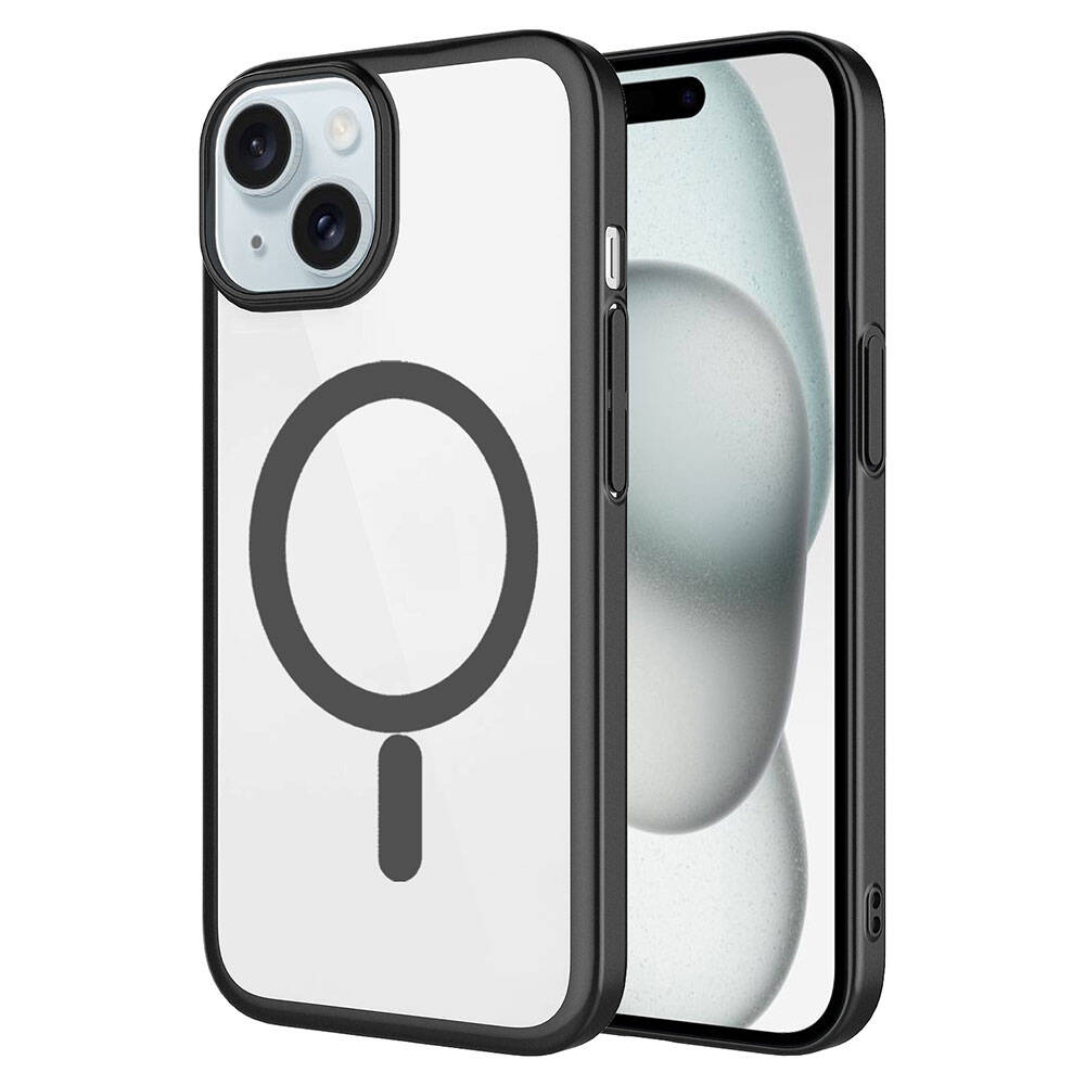 Siyah çerçeveli, gri manyetik halka sembollü şeffaf iPhone kılıfı.