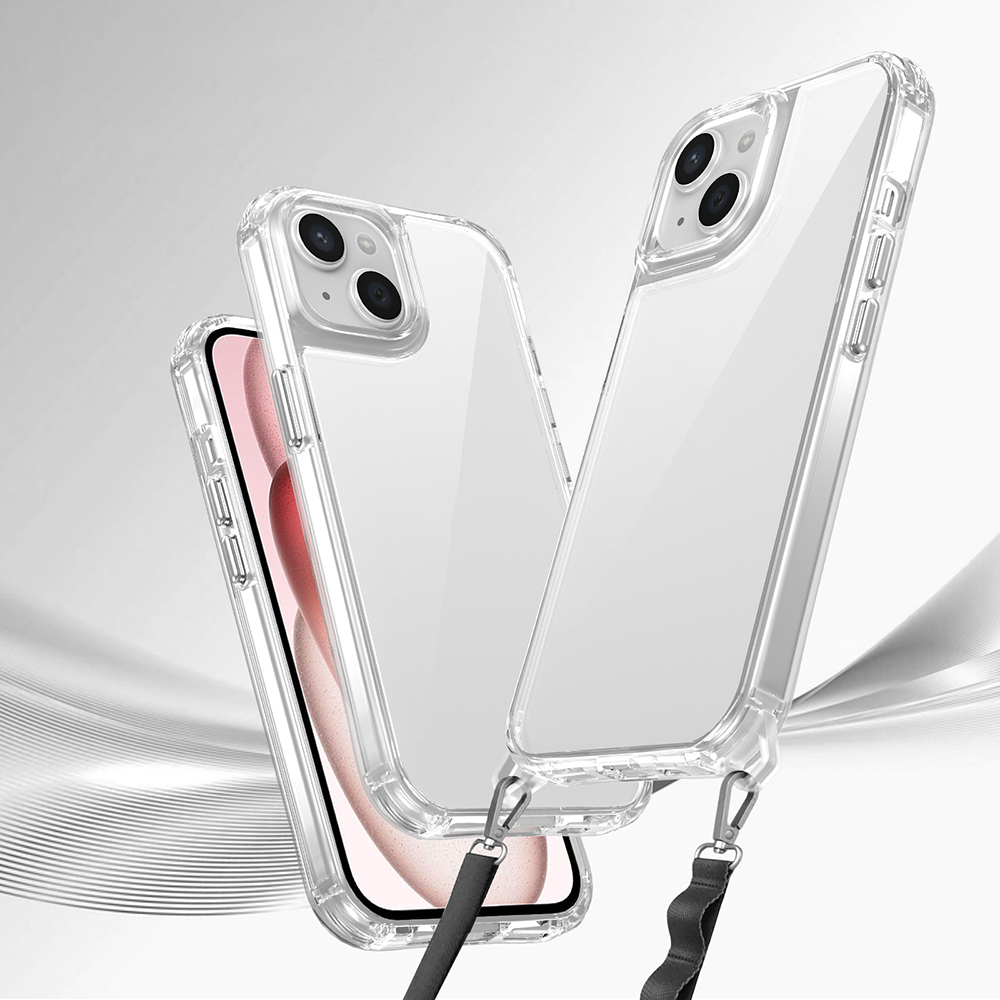 Gri arka plan önünde kordonlu iki şeffaf telefon kılıfı.