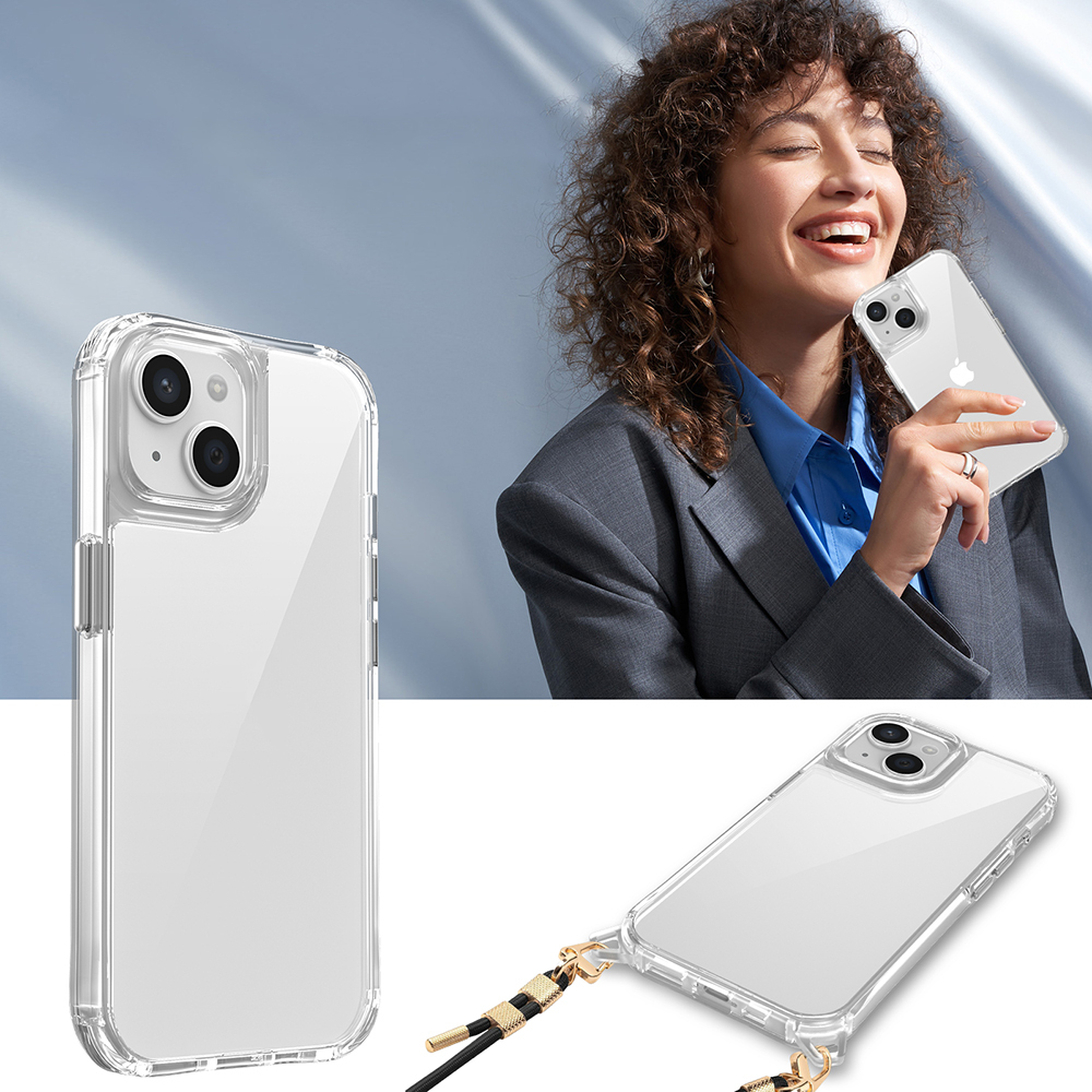 Kadın, şeffaf kılıflı ve siyah askılı telefon tutuyor. Önde şeffaf telefon kılıfı.