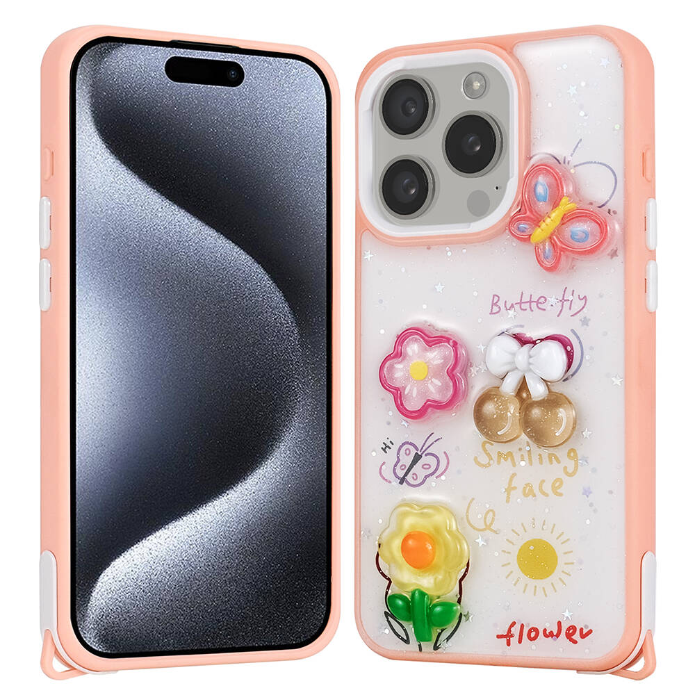 Arkada kelebek, çiçek ve kiraz aplikli pembe iPhone kılıfı.