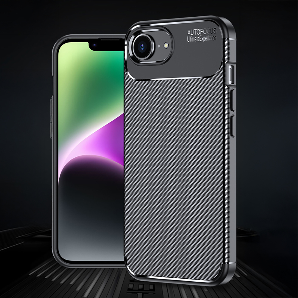 Ekran üzerinde gösterilen karbon desenli kılıflı siyah bir telefon.