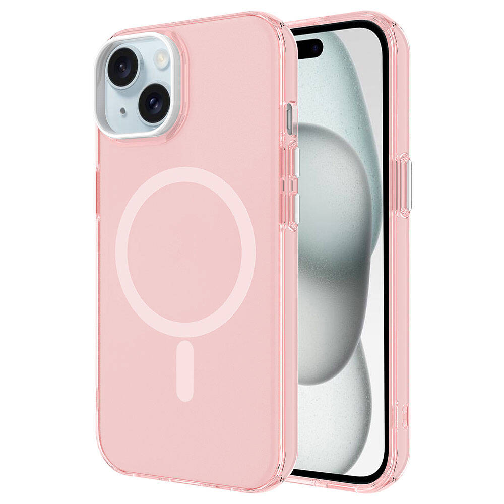 Beyaz arka plan üzerinde manyetik halkalı pembe iPhone kılıfı. Yakın çekim.