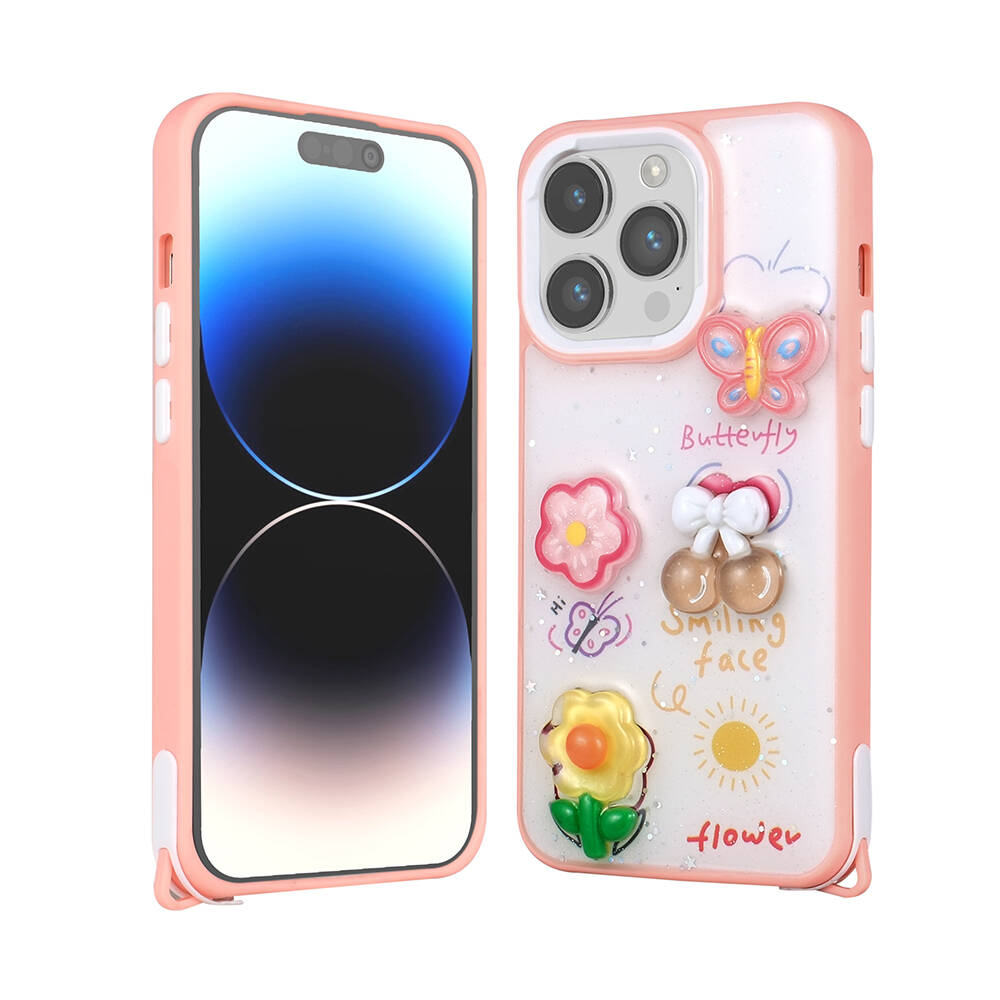 Kelebekler, kirazlar ve çiçekler içeren koruyucu kılıflı pembe bir iPhone.