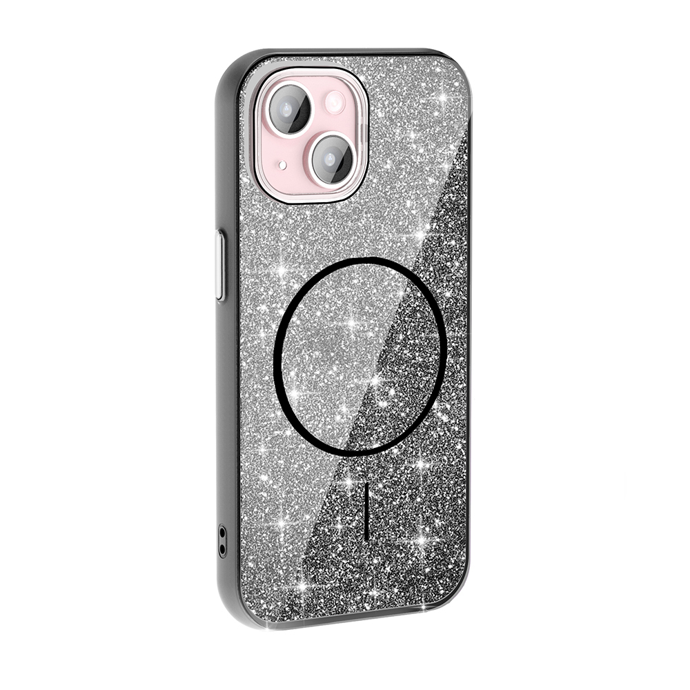 Kamera kesimli ve manyetik halkalı parıltılı iPhone kılıfı.
