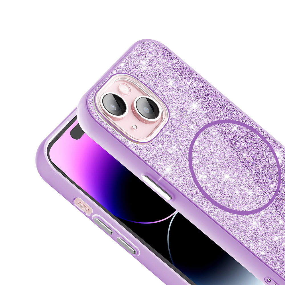 Yan düğmeli ve kamera kesimli parlak mor iPhone kılıfı.