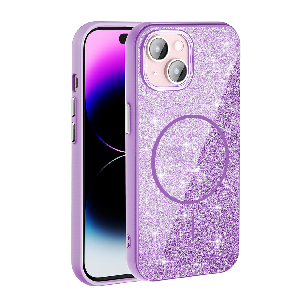 Dairesel manyetik halkalı ışıltılı mor iPhone kılıfı telefonun yanında gösteriliyor.