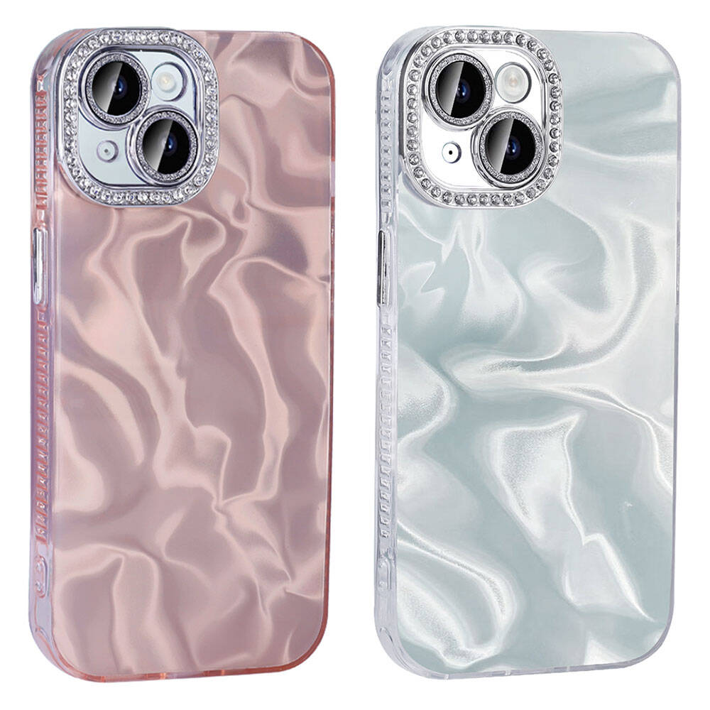 Mermer desenli iki telefon kılıfı, biri pembe, biri açık mavi, taşlarla süslü.
