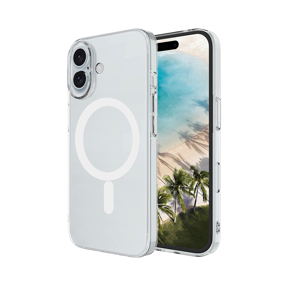 Tropikal arka planı gösteren bir telefonda manyetik halkalı şeffaf telefon kılıfı.