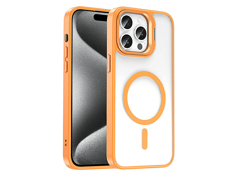 LOPARD iPhone 15 Pro Max Uyumlu Kablosuz Şarj Uyumlu Standlı Kablosuz Uyumlu Klon Lensli Kapak Telefon Kılıfı Turuncu