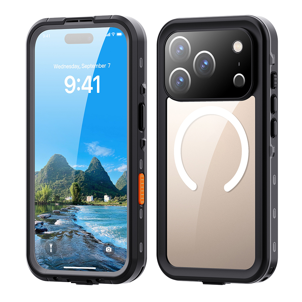 Önden ve arkadan gösterilen siyah bir iPhone koruyucu kılıf.