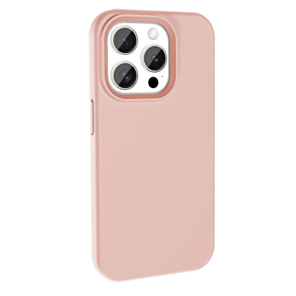 Beyaz arka plan üzerinde üç kameralı pembe telefon kılıfı.