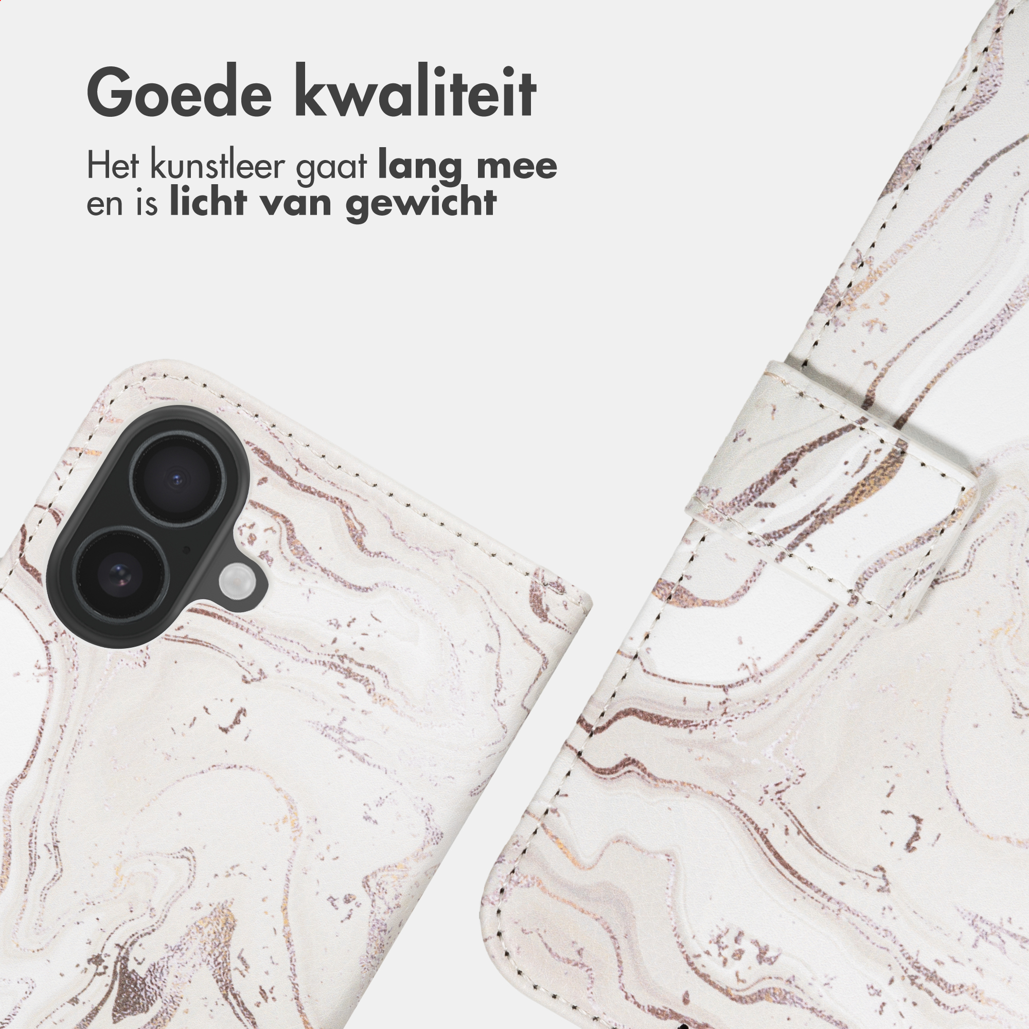 Wit telefoonhoesje met marmerpatroon en twee cameralenzen.