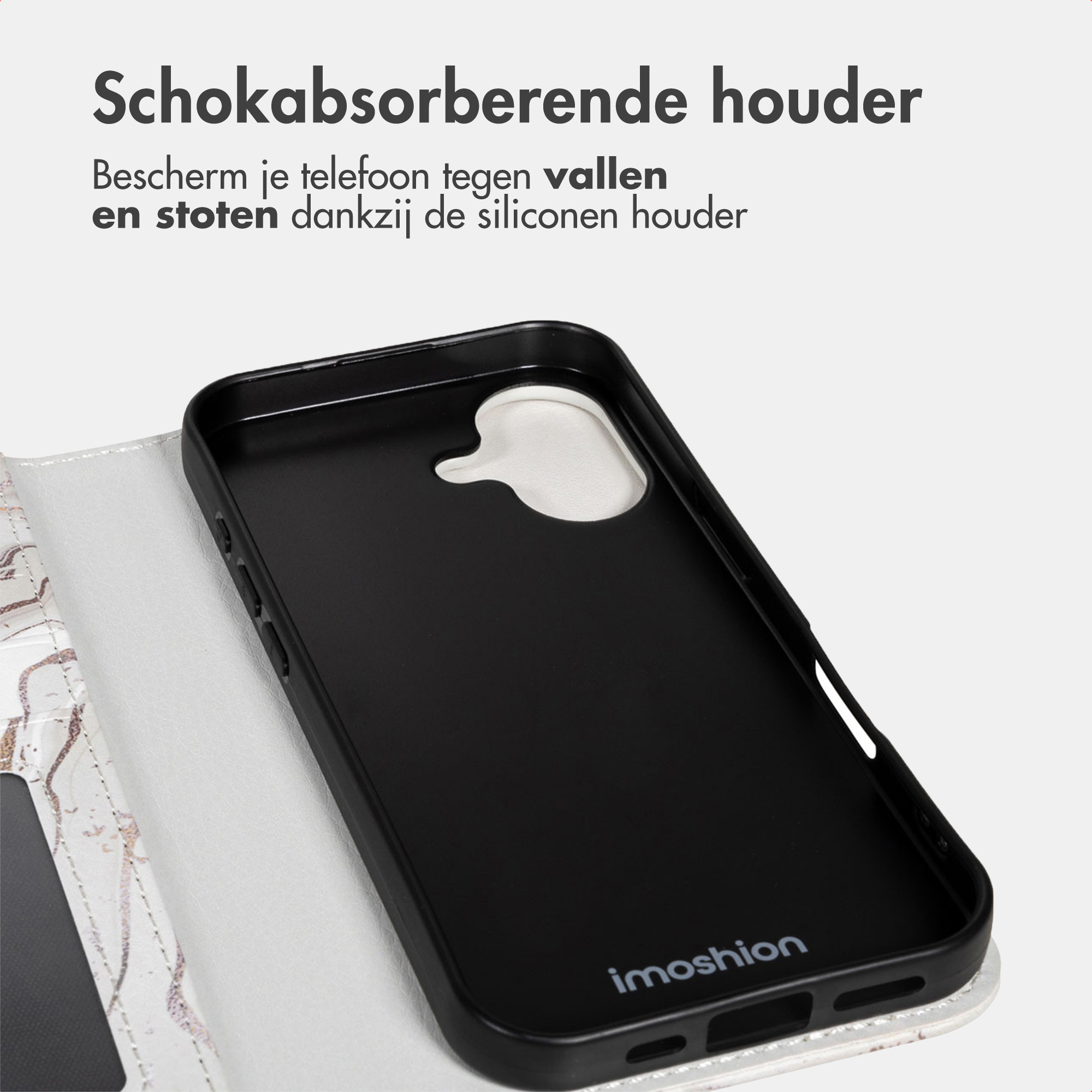 Zwarte telefoonhoes met marmeren klep en Imoshion logo.