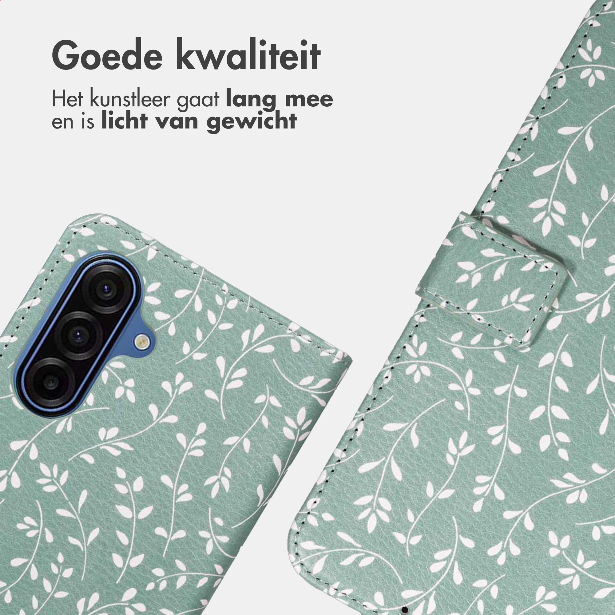 Groene telefoonhoes met wit bladerpatroon, camera aan de achterkant.