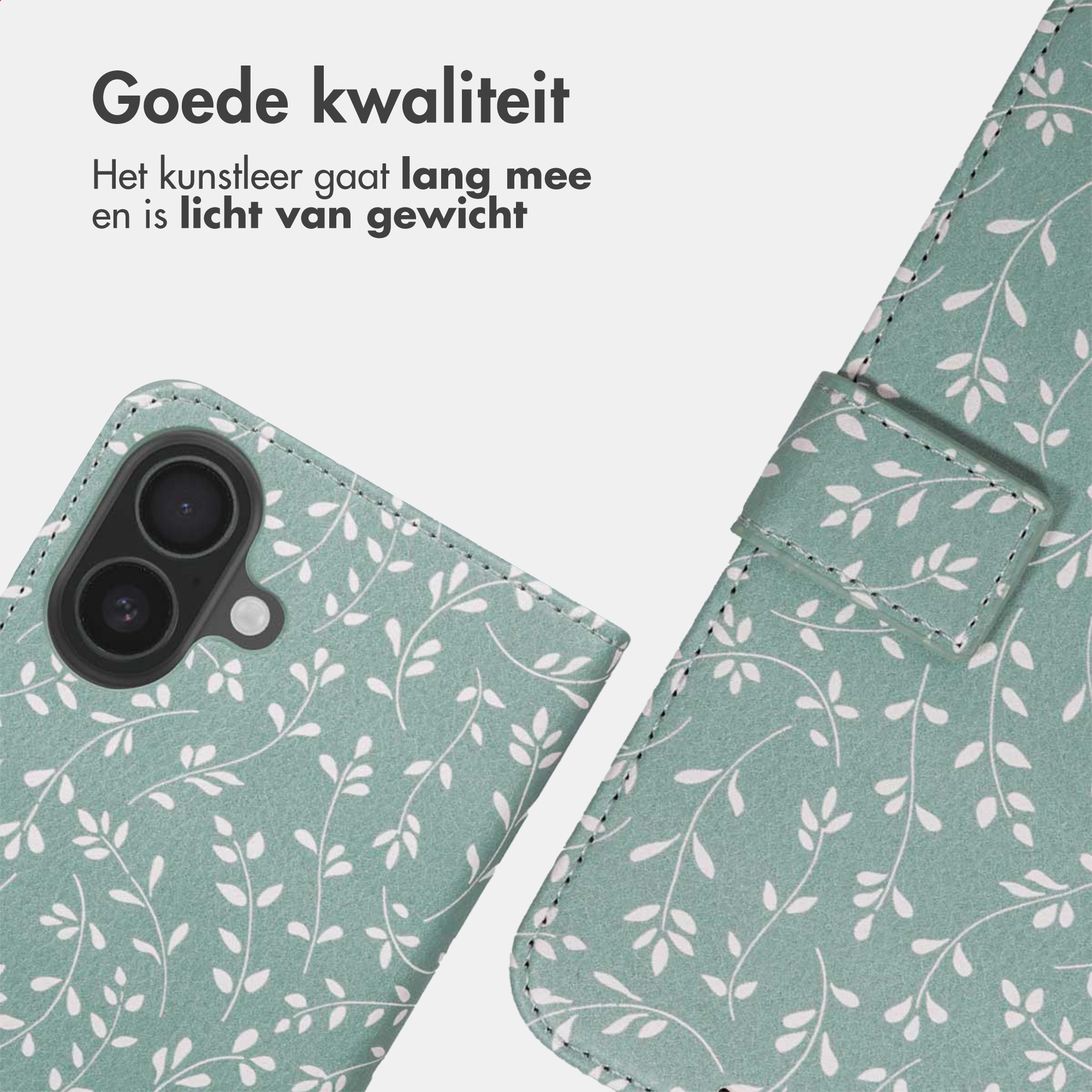 Una custodia per telefono verde con motivo a foglie bianche e lenti visibili.