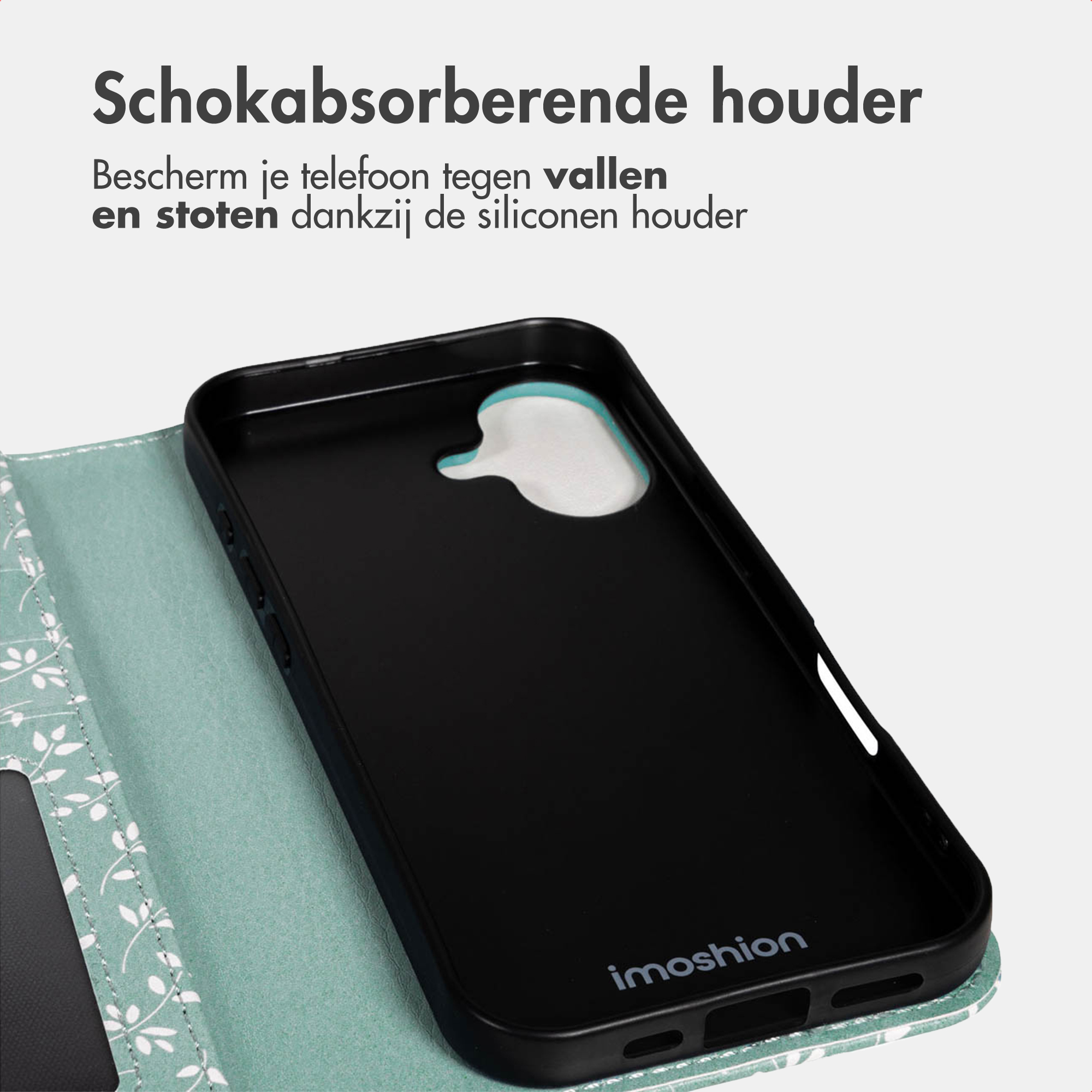 Supporto in silicone nero per telefono con patta a fantasia.