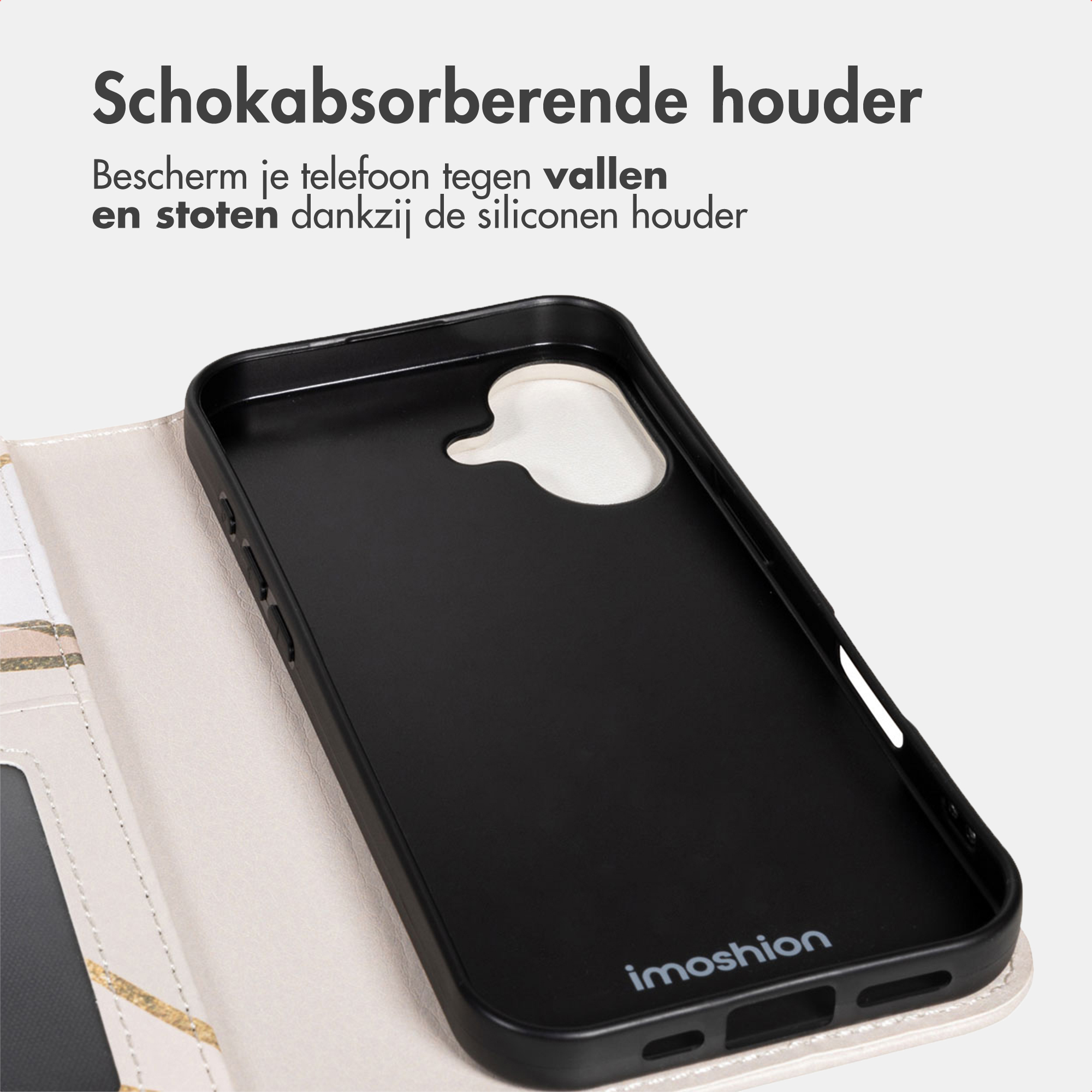 Zwarte telefoonhoes met patroon, ter bescherming van de telefoon.