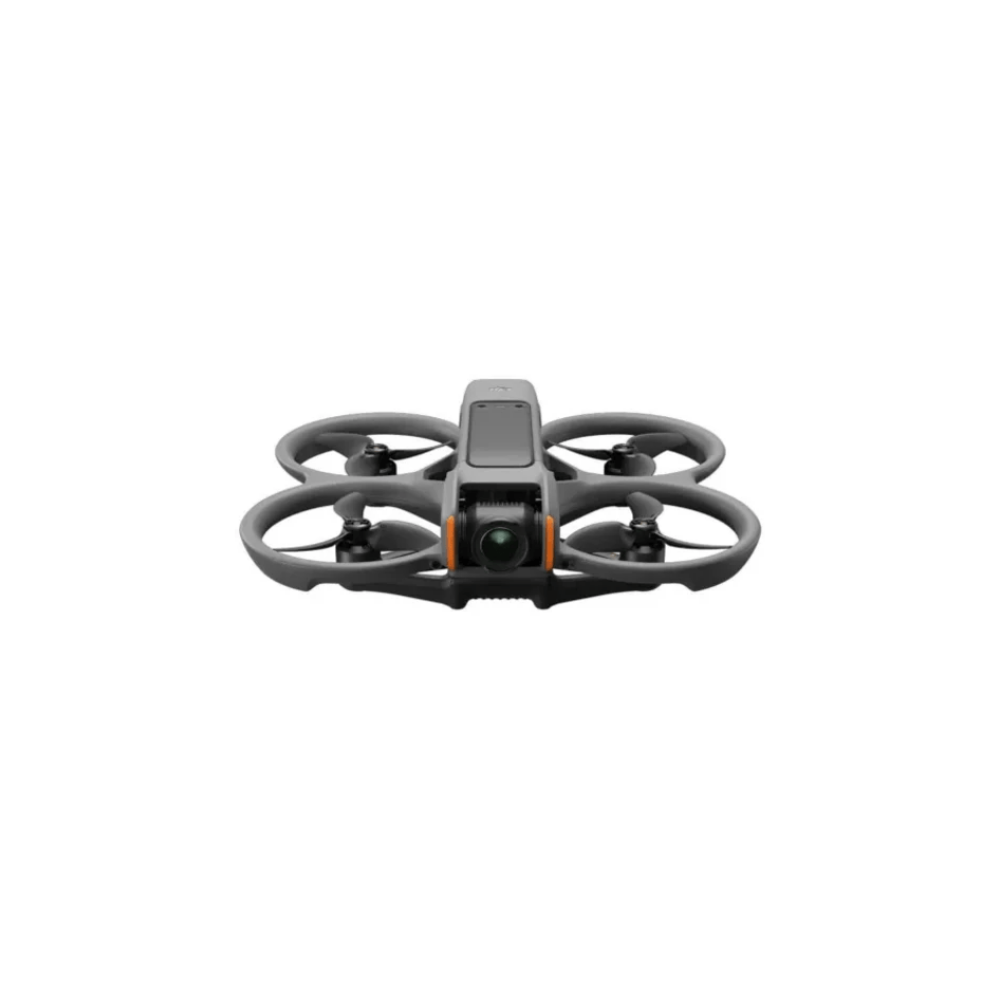 Een grijze drone met propellers en oranje accenten.