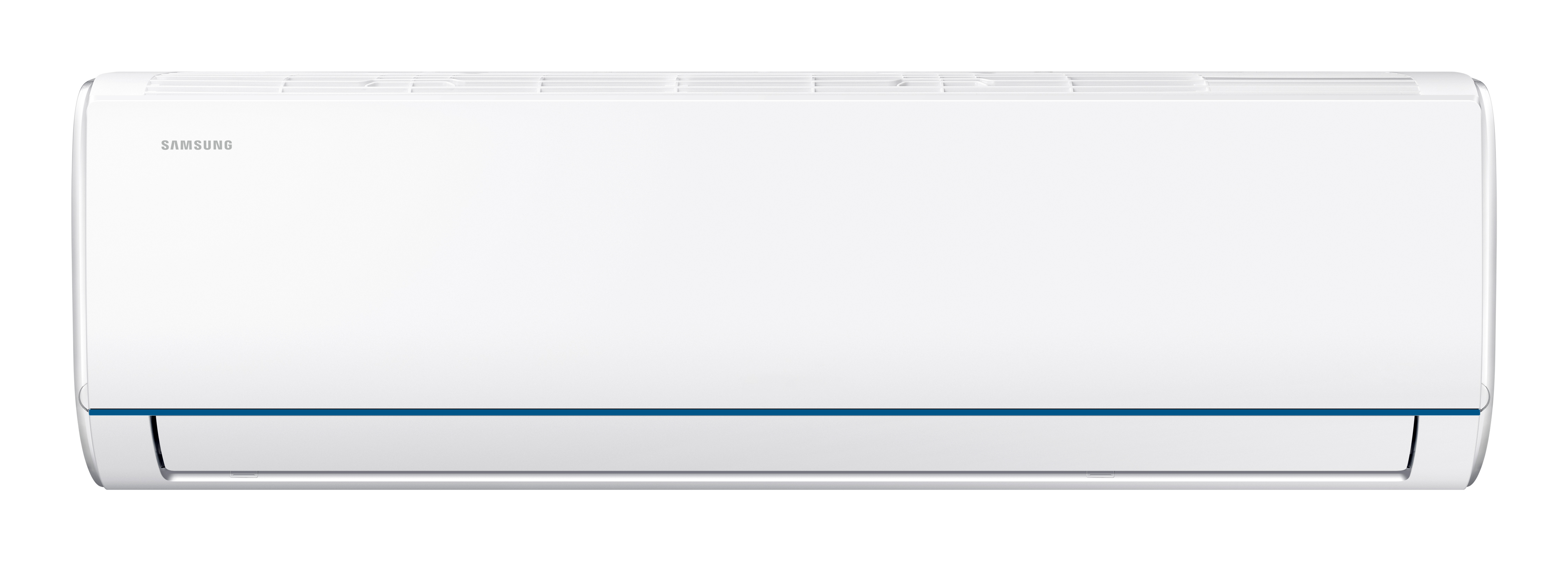 Unità interna condizionatore Samsung bianca con striscia blu.
