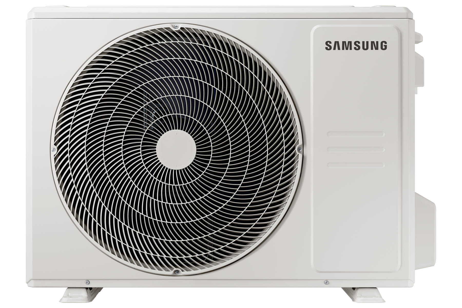 Unità esterna condizionatore Samsung bianca con grande griglia del ventilatore.