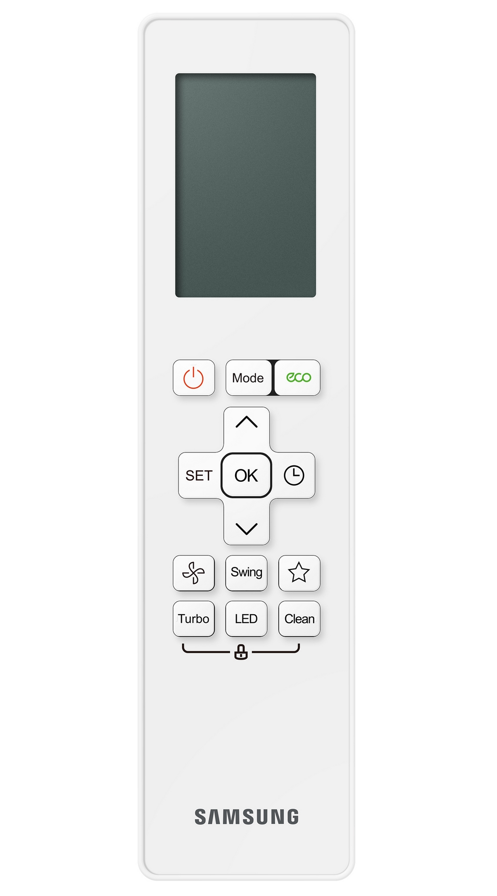 Telecomando bianco con schermo e pulsanti per climatizzatore.