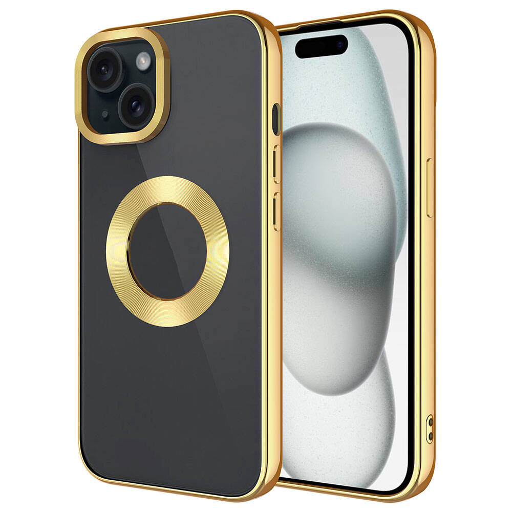 Altın çerçeveli ve halkalı siyah iPhone kılıfı sergileniyor.