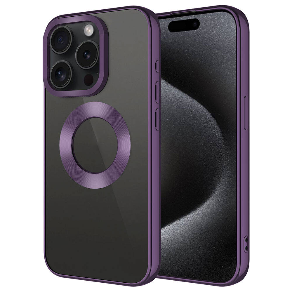 Mor iPhone kılıfı, şeffaf arka ve lens korumalı. Manyetik halka görünür.
