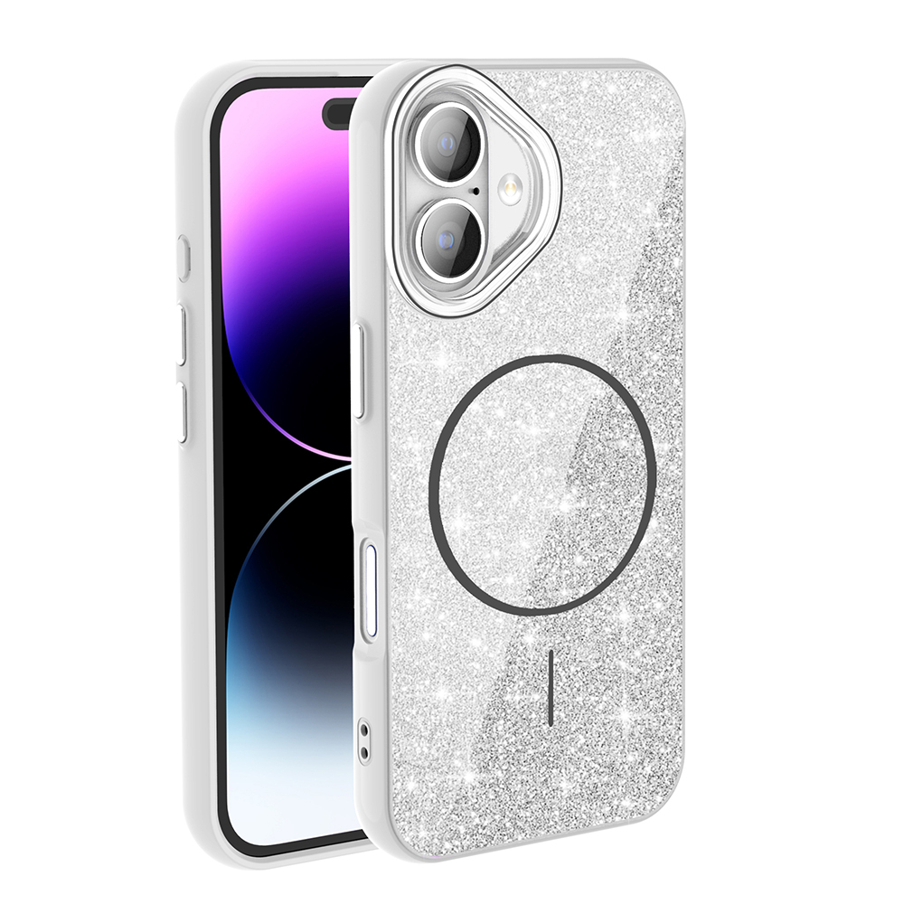 Kamera kesimli ve manyetik halkalı gümüş simli telefon kılıfı.