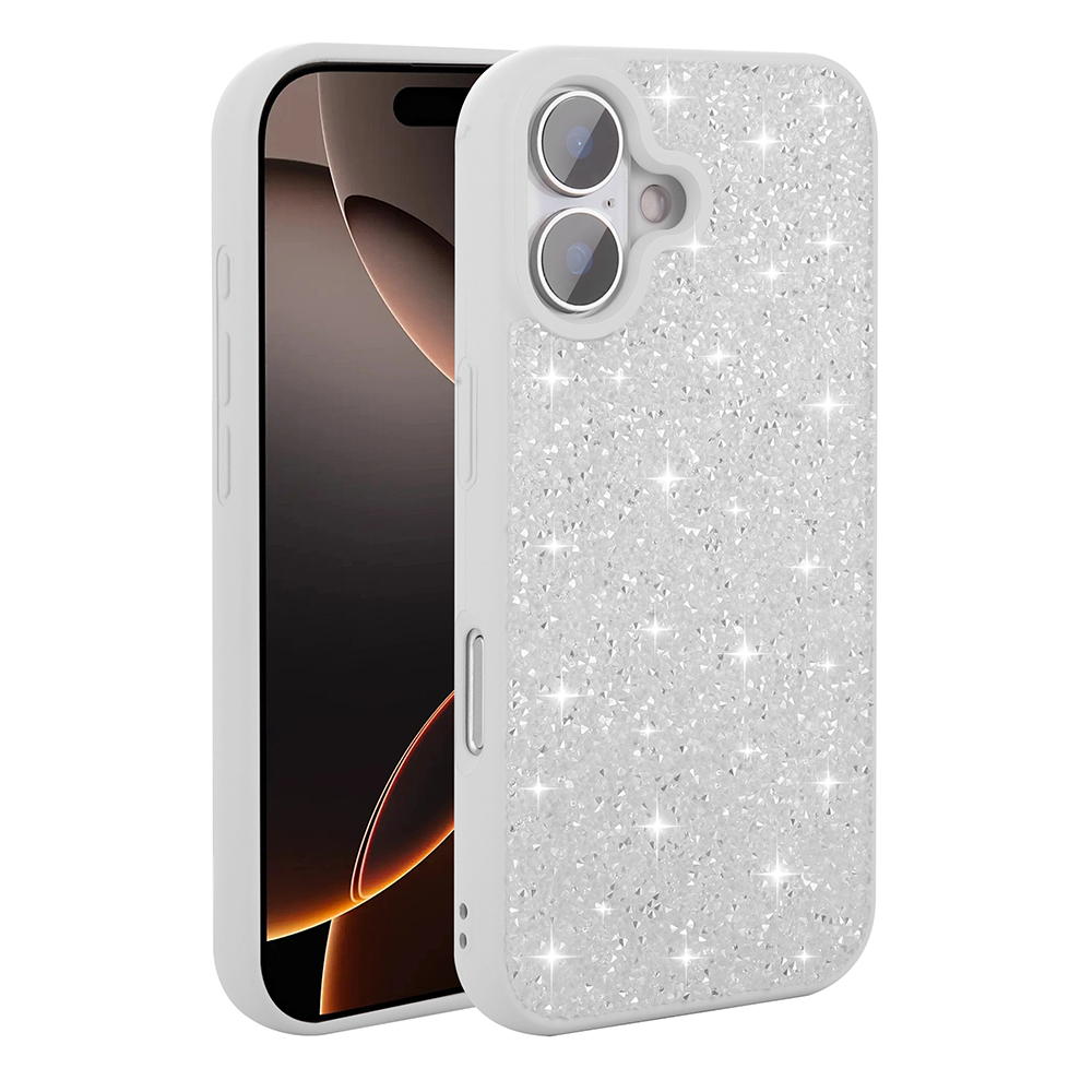 Beyaz arka plan üzerinde simli ve kamera kesimli beyaz iPhone kılıfı.