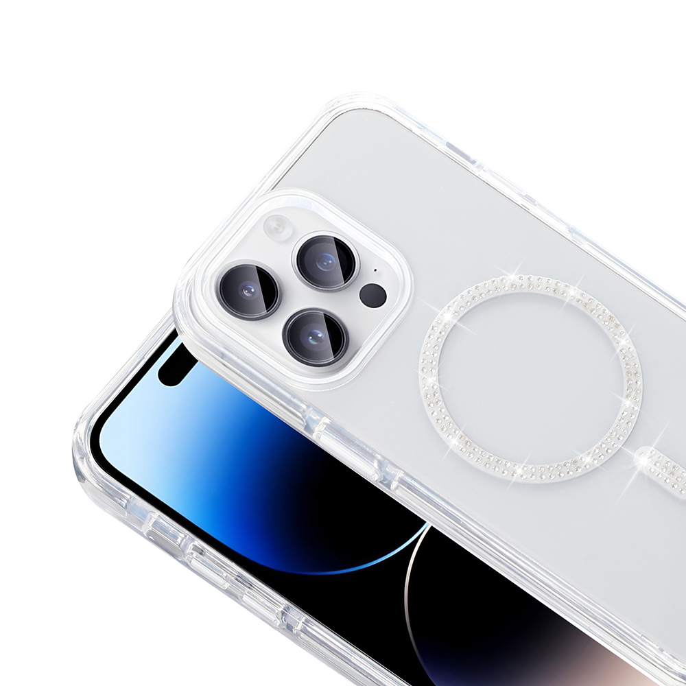 Parlak yüzüklü ve lensli şeffaf telefon kılıfı.