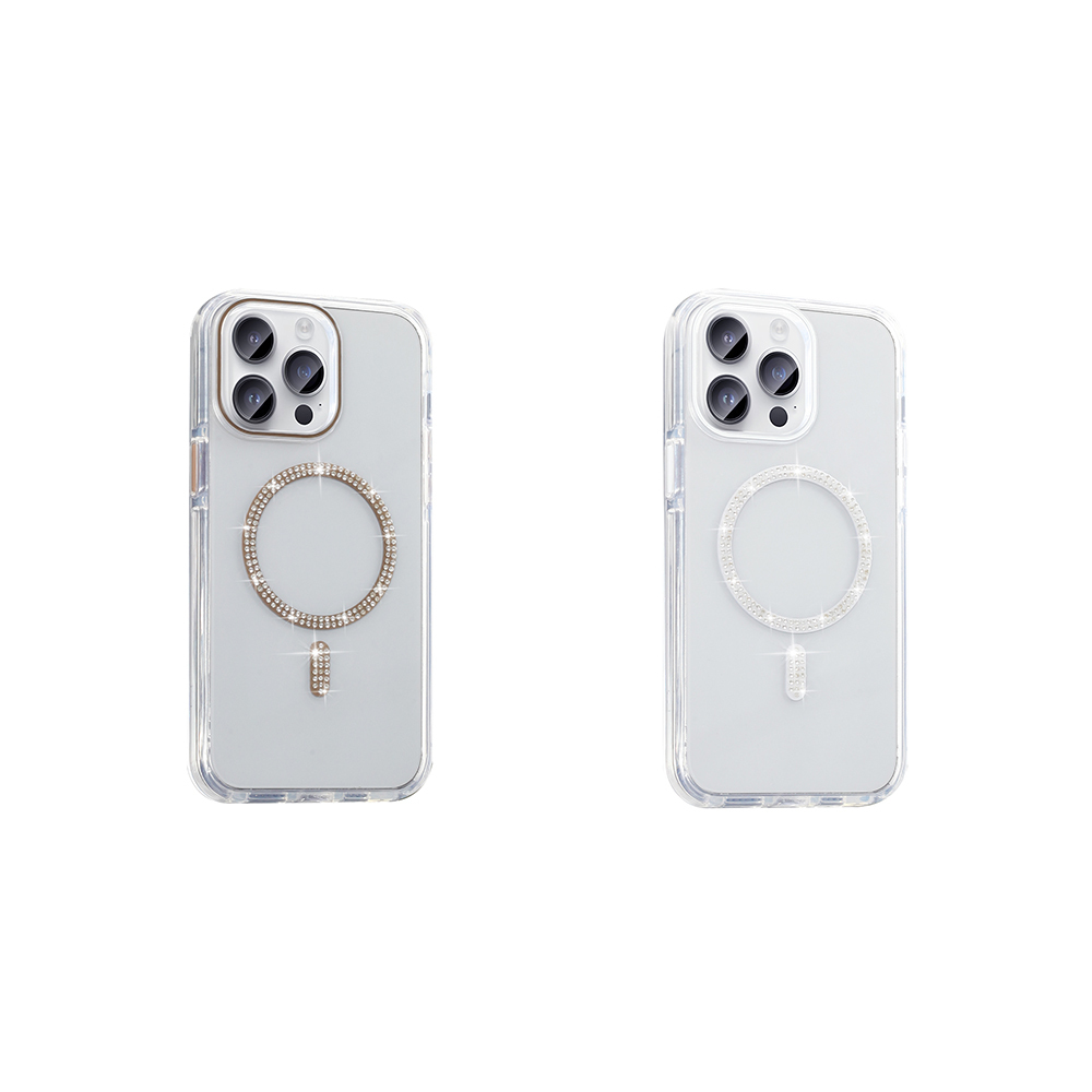 Bir daire ve çizgi oluşturan taşlarla süslenmiş iki şeffaf telefon kılıfı.