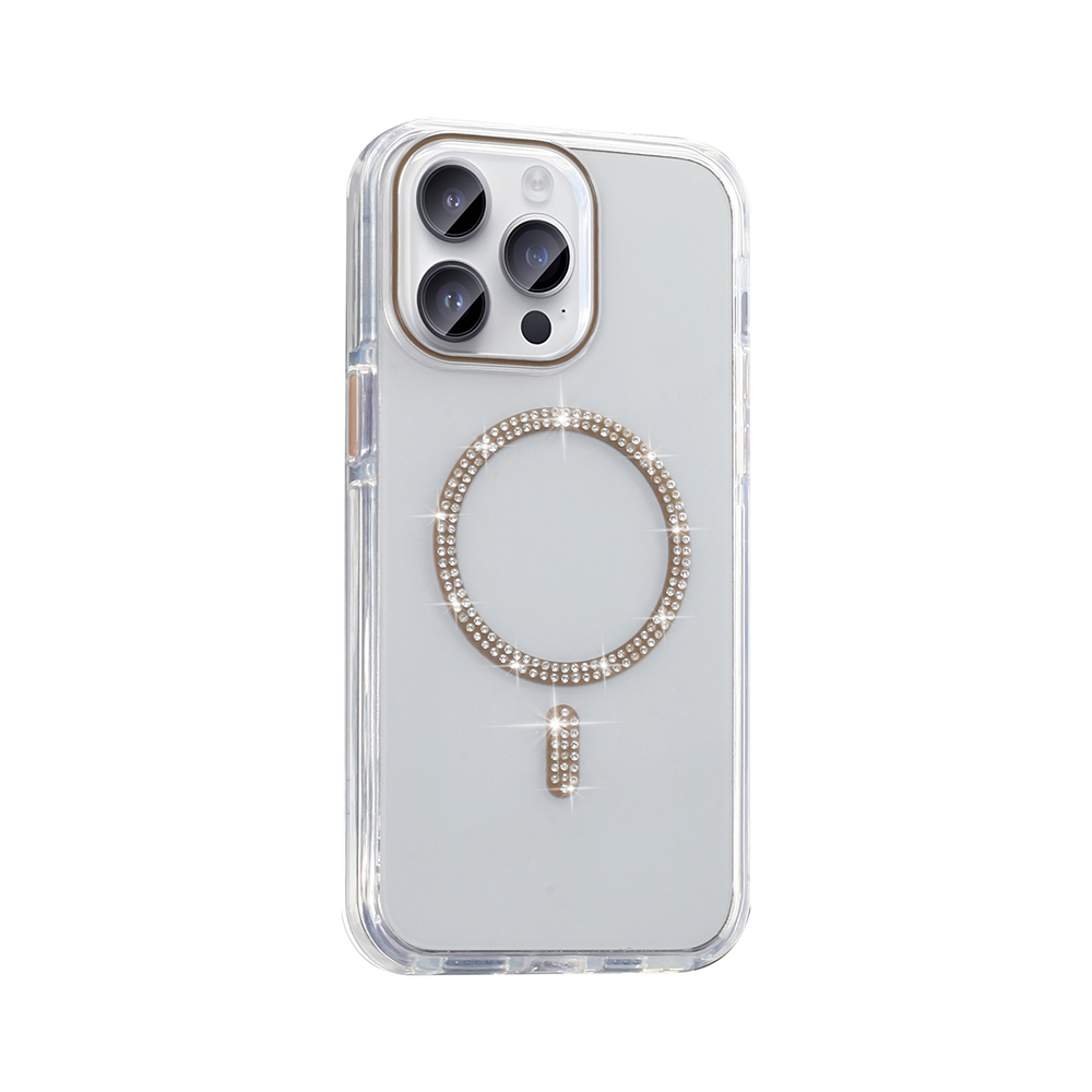 Parlak halkalı ve şeritli şeffaf telefon kılıfı.