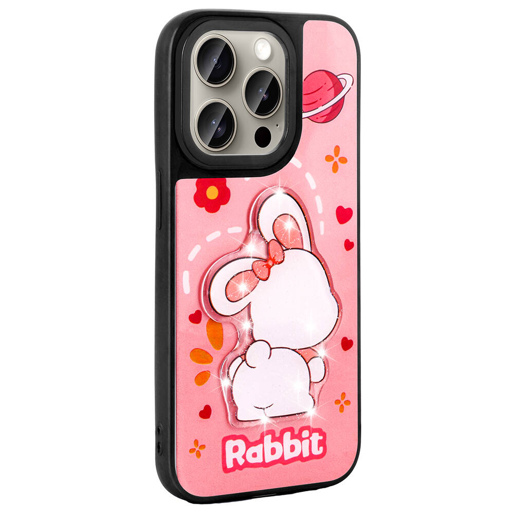 Fiyonk takan beyaz tavşanlı pembe telefon kılıfı. Gezegenler ve çiçekler içerir.
