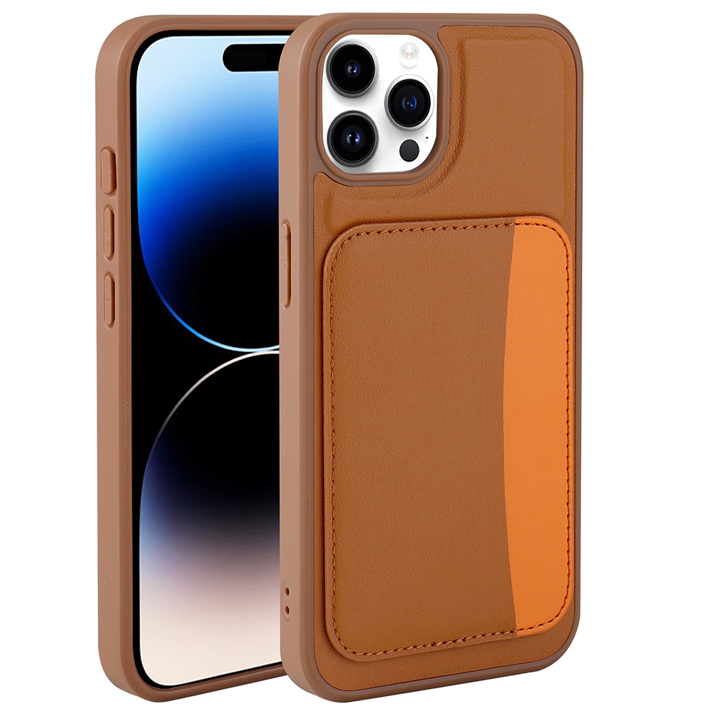 Arkada iki tonlu kart tutucu bulunan kahverengi telefon kılıfı.