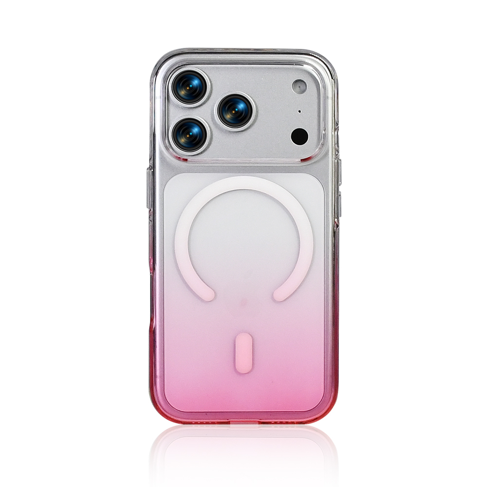 Pembe ve beyaz geçişli şeffaf telefon kılıfı, kamera lenslerini ve manyetik halkayı gösteriyor.
