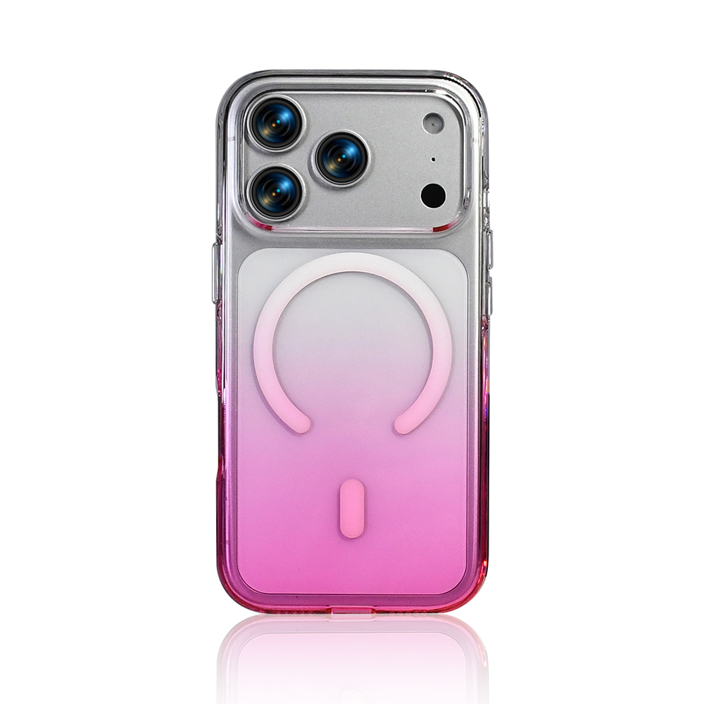 Pembe degrade ve kamera modülüne sahip şeffaf iPhone kılıfı.