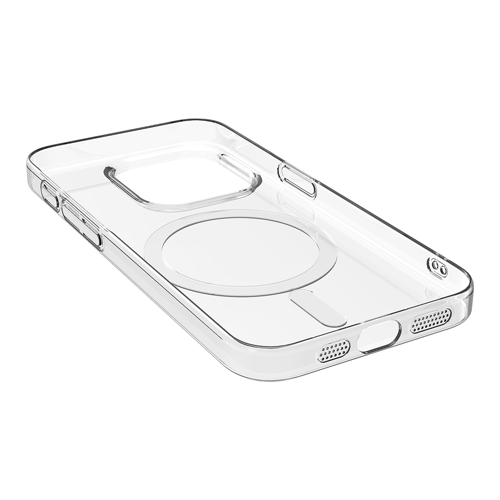 MagSafe halkalı şeffaf telefon kılıfı, beyaz arka plan üzerinde.