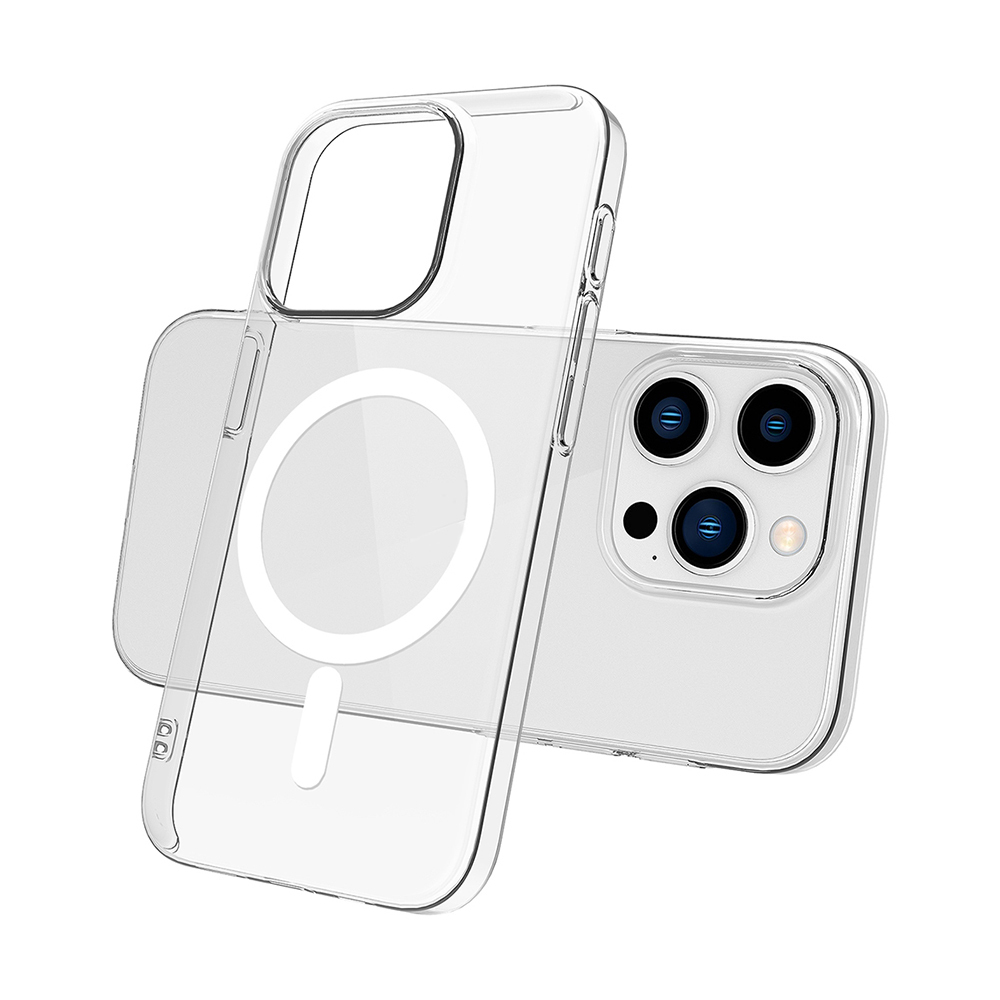 MagSafe halkalı ve üç arka kamera lensli şeffaf telefon kılıfı.