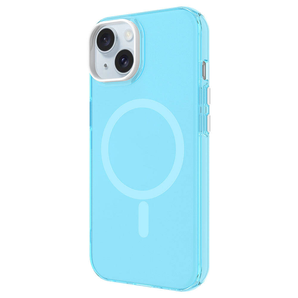 Dairesel manyetik halkalı şeffaf mavi iPhone kılıfı gösteriliyor.