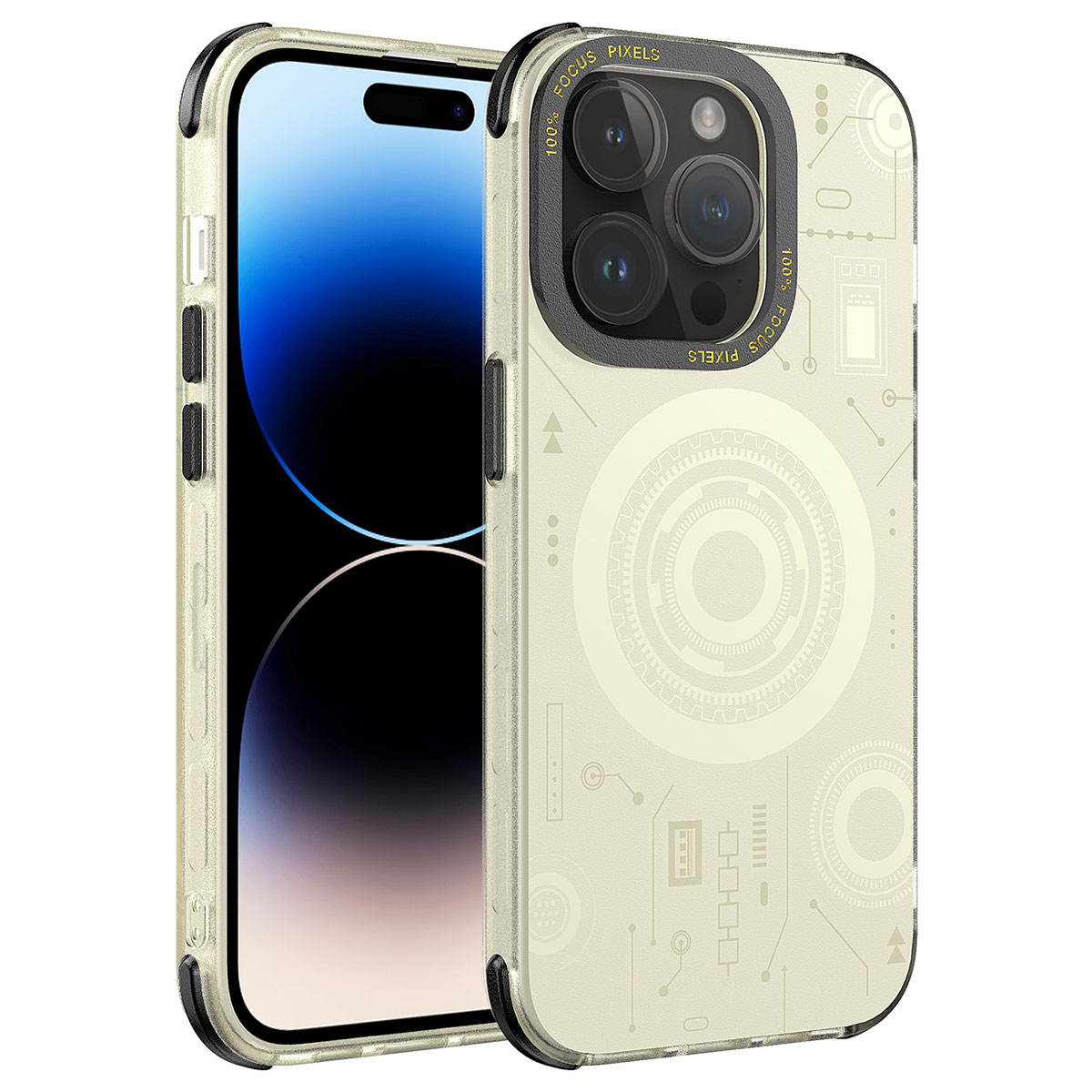 Teknik desenli, açık bej telefon kılıfı ve kamera açıklığı.