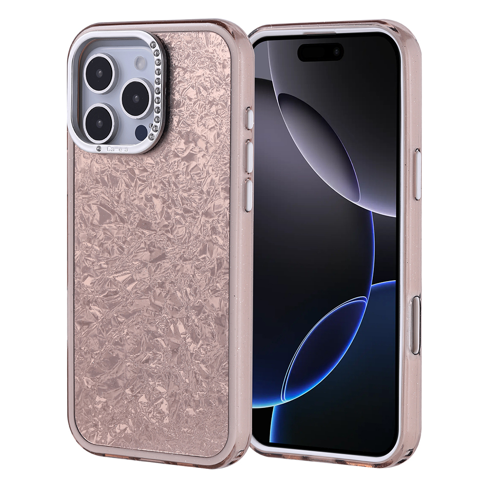 Doku kaplı, pembe altın rengi iPhone kılıfı, kamera lens korumalı.