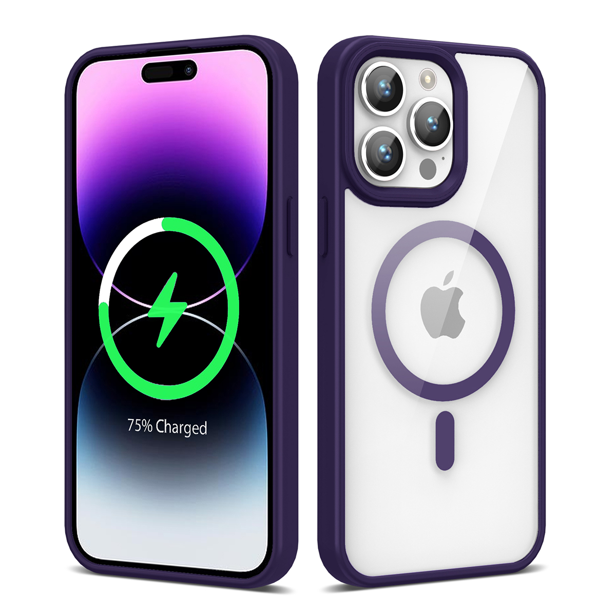 Mor iPhone kılıfı önden ve arkadan gösteriliyor. Ön taraf %75 şarj olmuş ekranı gösteriyor.