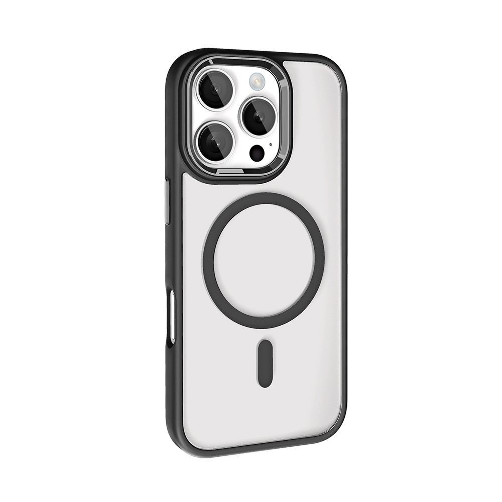 Kameralı ve manyetik halkalı siyah ve şeffaf telefon kılıfı.