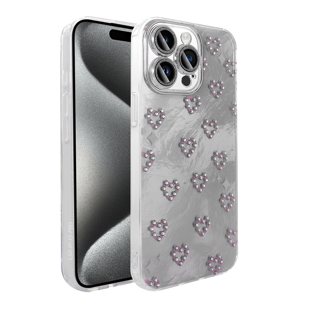Bir iPhone üzerinde simli kalplerle şeffaf telefon kılıfı.