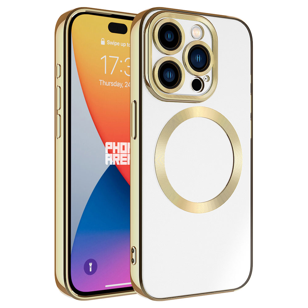 Mıknatıslı halka ve üçlü kameraya sahip beyaz ve altın iPhone kılıfı.