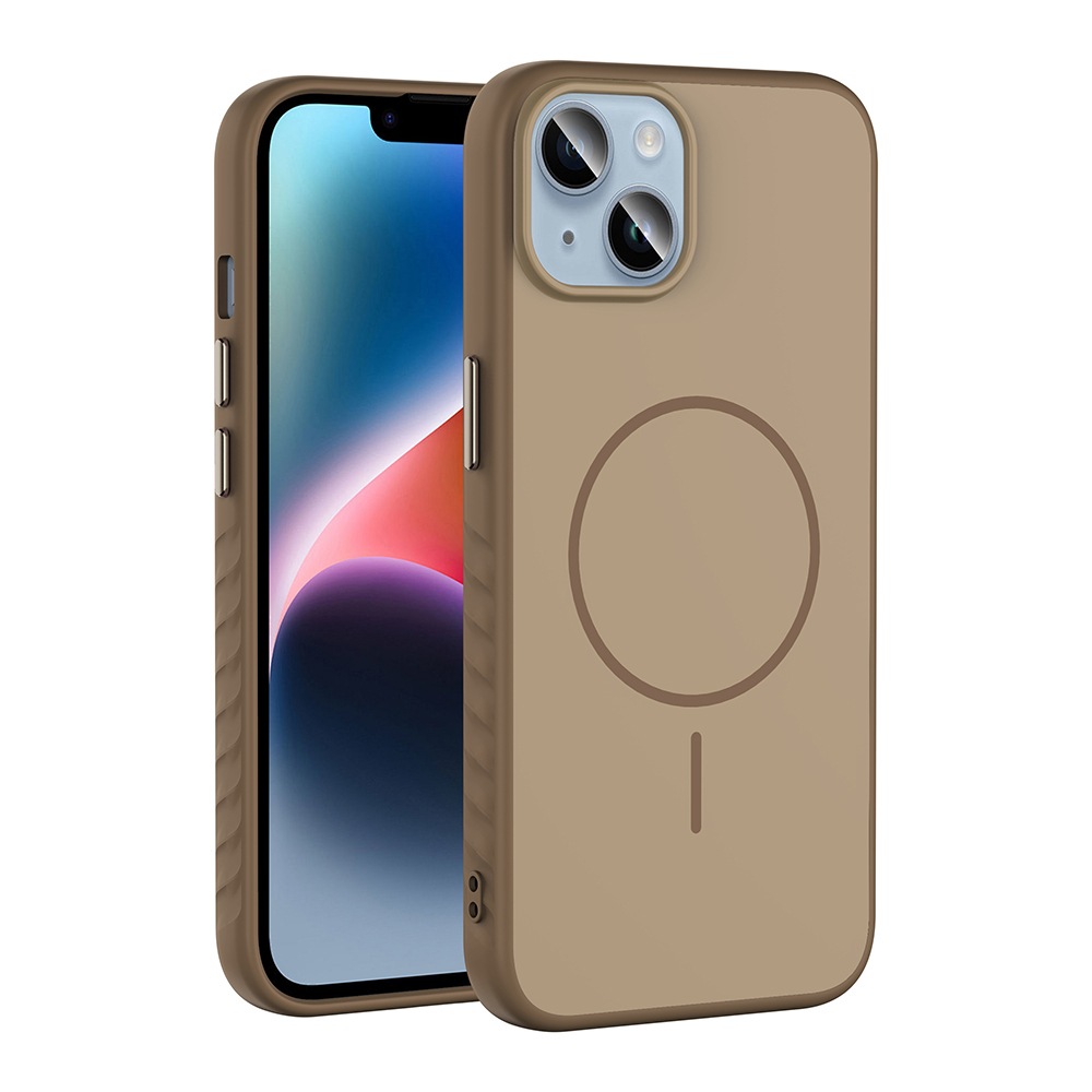 iPhone üzerinde manyetik halkalı bej telefon kılıfı.