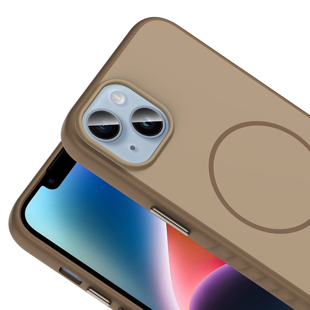 Arkada iki kamera lensi ve daire bulunan kahverengi telefon kılıfı.