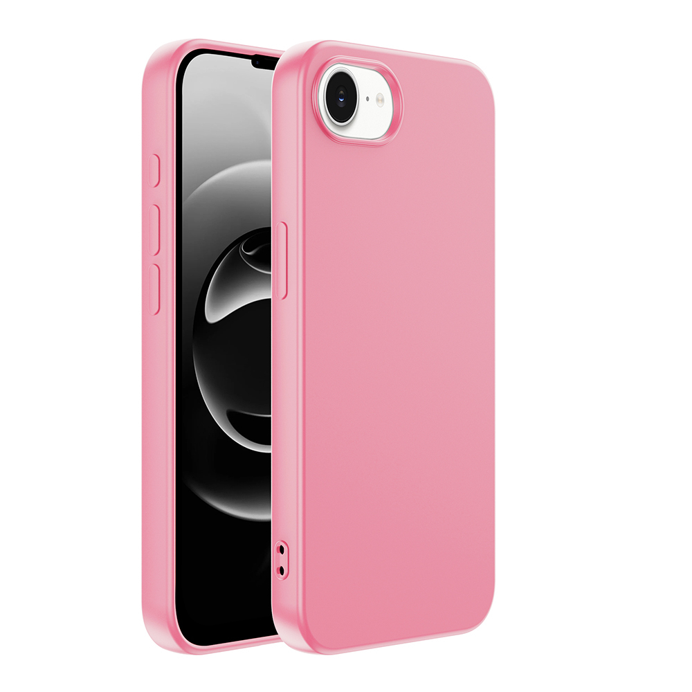 Arkada akıllı telefon bulunan pembe telefon kılıfı, beyaz zeminde.