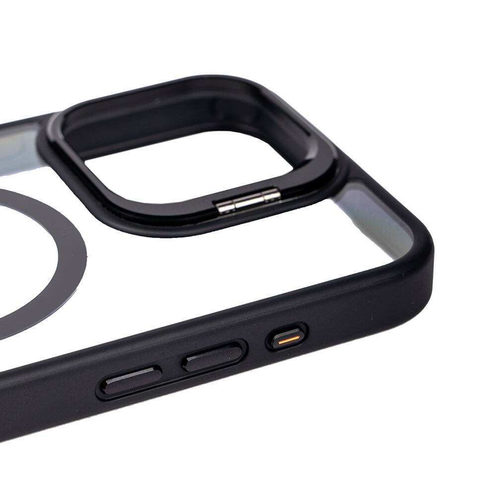 MagSafe halkalı ve yan düğmeli siyah telefon kılıfı.